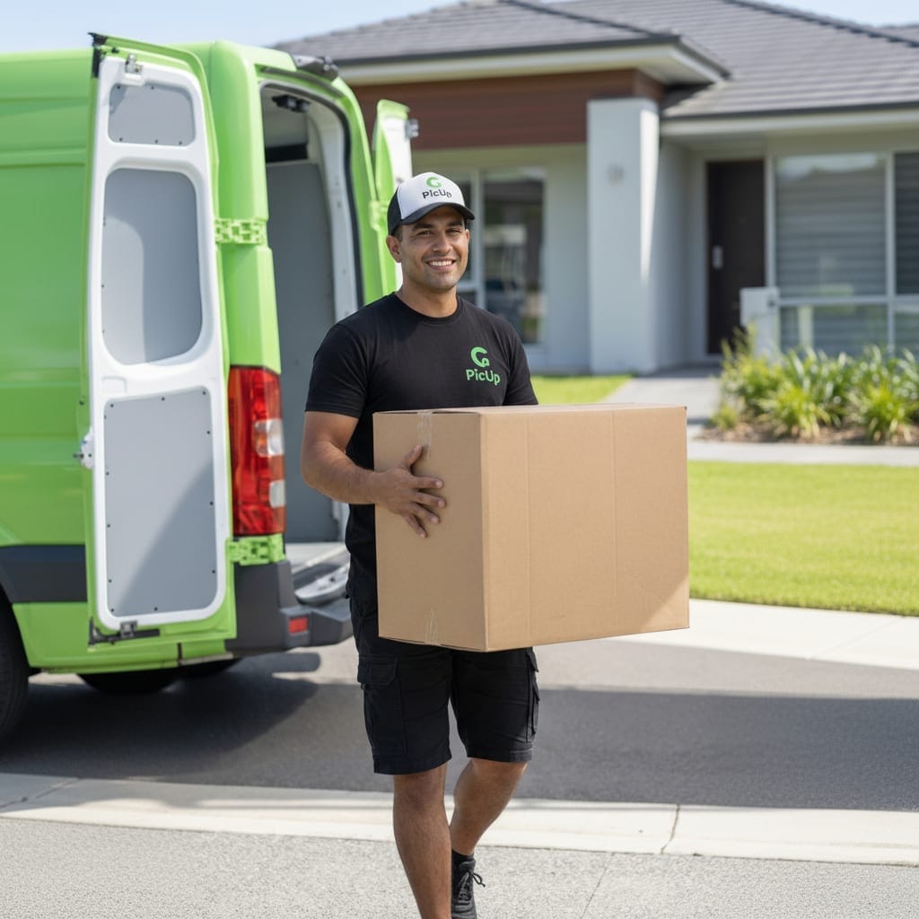 PicUp driver delivering a bulky item for a business customer