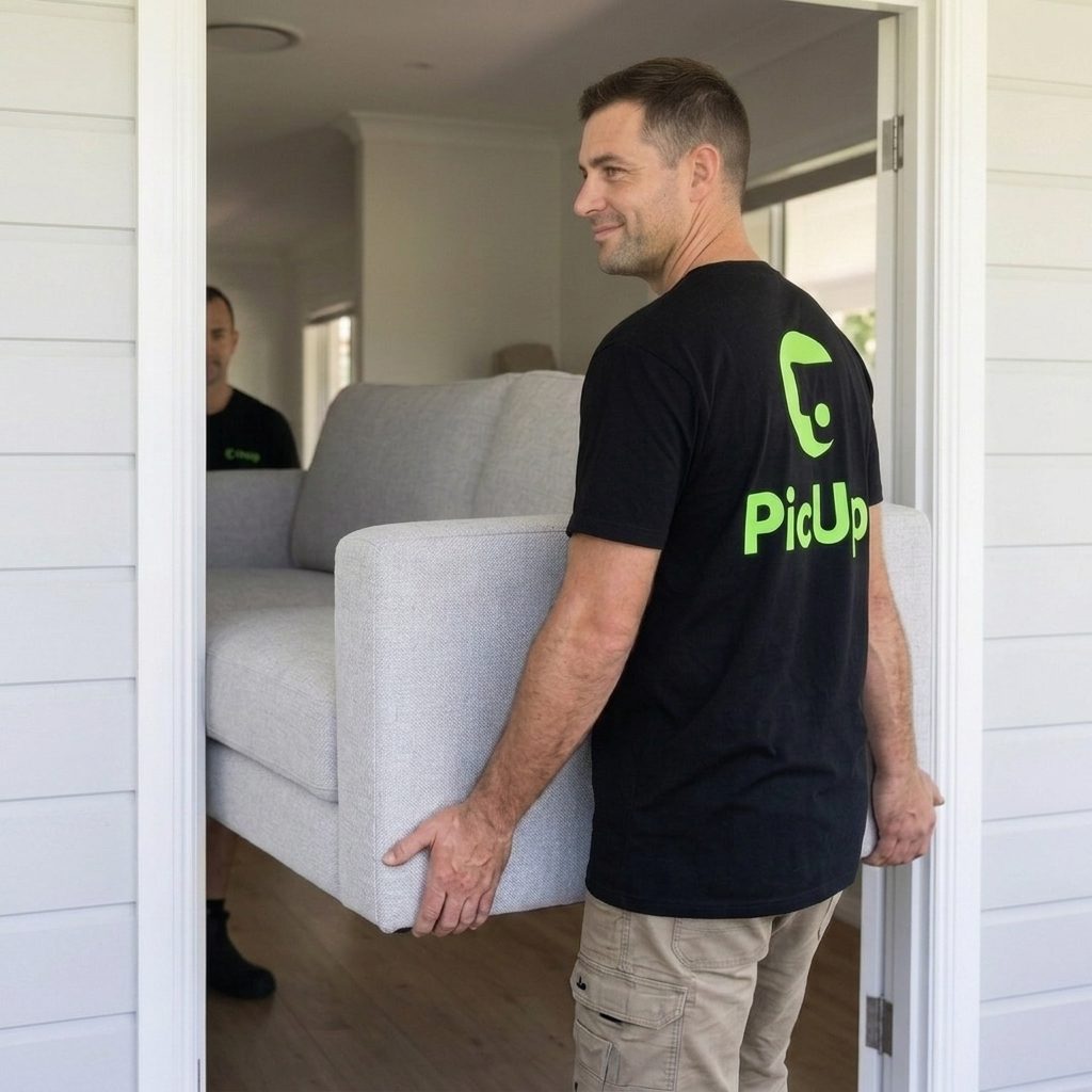 Sydney apartment access: a PicUp crew member on a walk-up stair